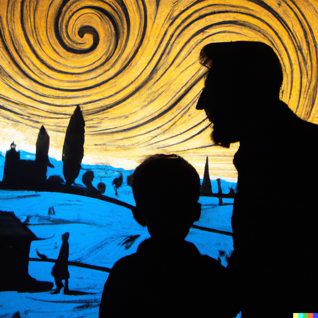 DALL·E 2023-06-06 18.15.43 - Silhouette of kid and his father looking at flammarion engraving at a museum. Image is a painting in the style of Vincent van Gogh and view is wide